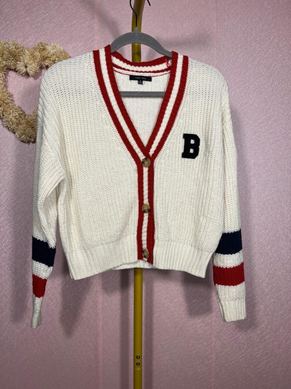 Love Tree White Cardigan with Red Trim and Navy Accents